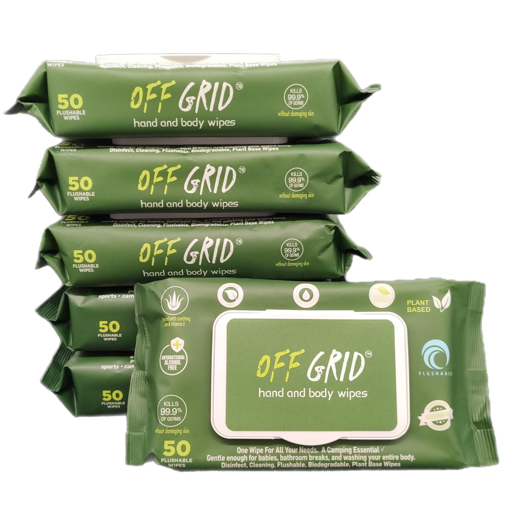 OFF GRID Hand and Body Wipes | Trusted Wipe of the US Military | Alcohol-Free Wipes | Plant-Based Wipes for Camping Hiking & More | Travel-Friendly & Flushable | 6 Pack